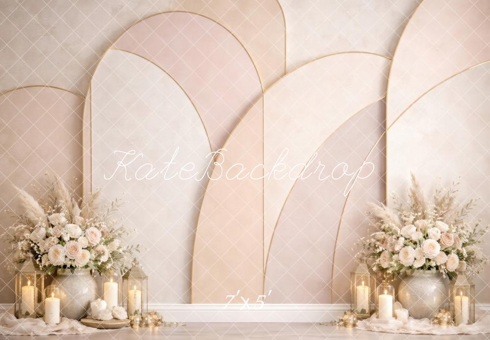 Kate Beige Arch Panels Floral Arrangement Candles Printed Backdrop Designed by Vertigo Productions