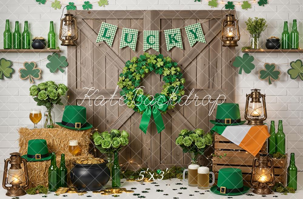 Kate St. Patrick's Day Shamrock Wreath Door Lanterns Green Hats Printed Backdrop Designed by Emetselch