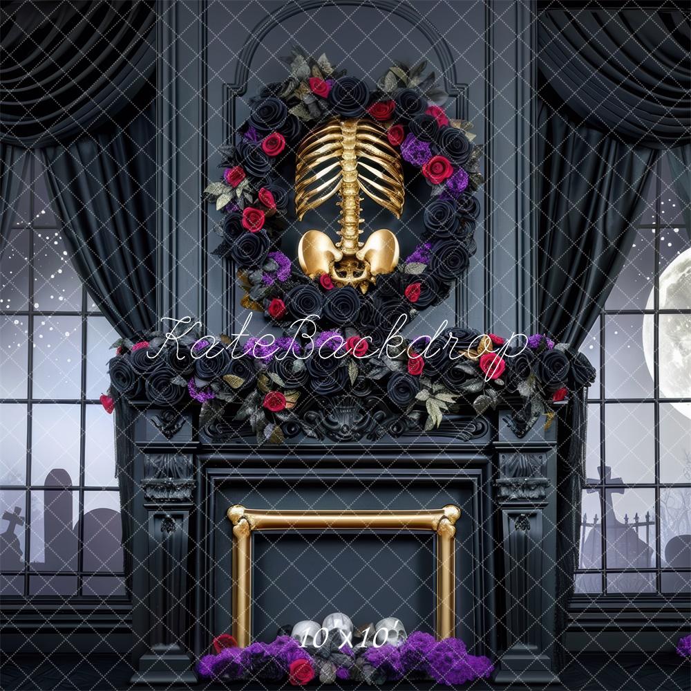 Cortinas Negras para la Habitación de Halloween con Esqueleto Fondo de Chimenea Designed by Mini MakeBelieve