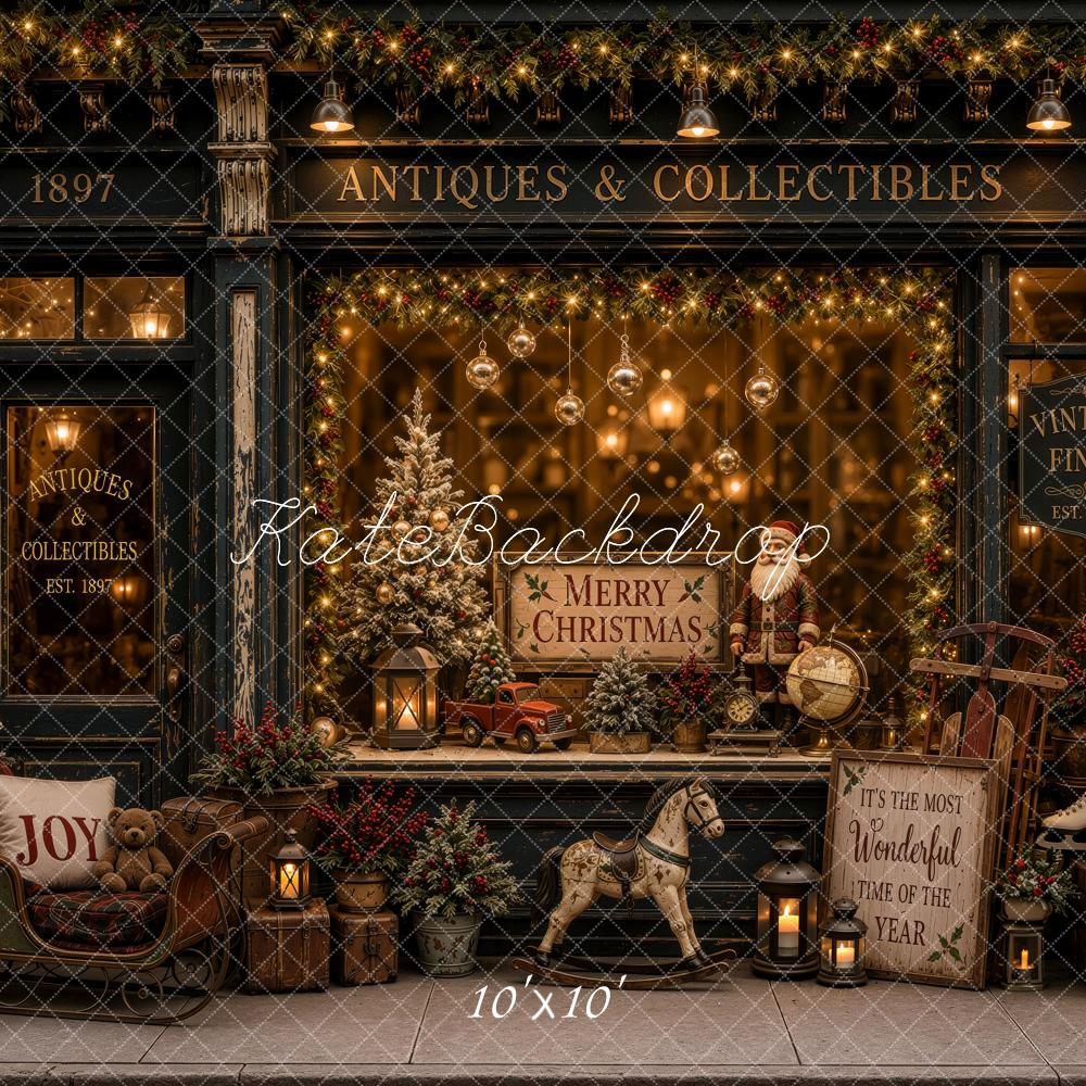 Kate Christmas Antique Window Display Storefront Garland Trees Sled Printed Backdrop Designed by Ashley Ward