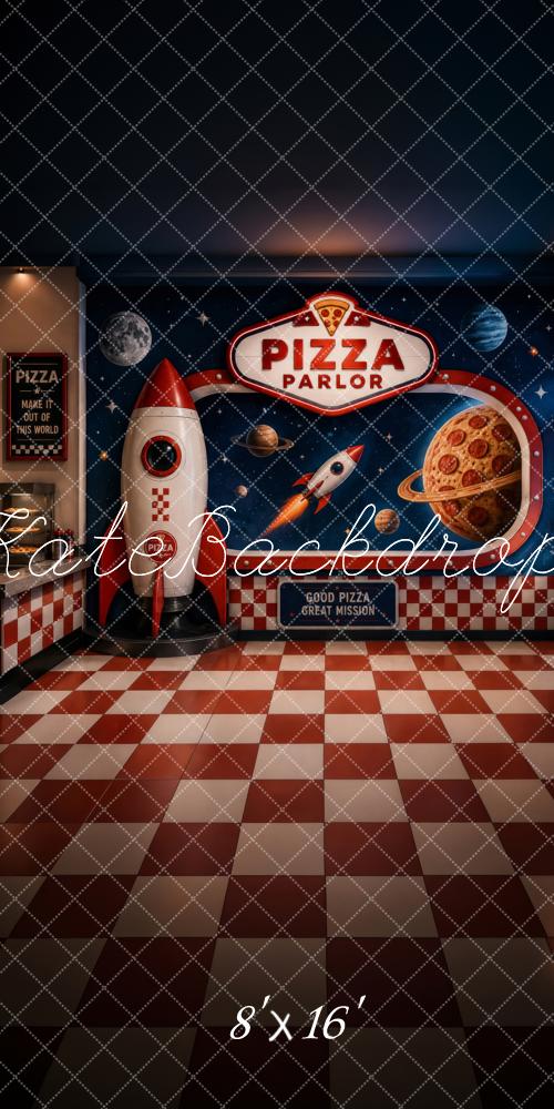 Kate Sweep Space Pizza Parlor Rocket Retro Diner Checkered Floor Printed Backdrop Designed by Megan Leigh Photography