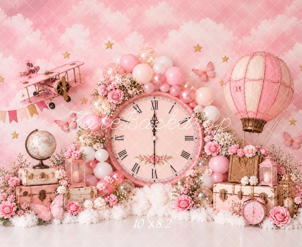 Kate Cake Smash Pink Vintage Clock Floral Hot Air Balloon Travel Printed Backdrop Designed by Ashley Paul