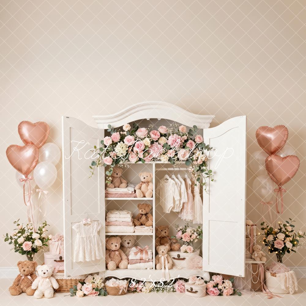 Kate Valentine's Day Teddy Bear Floral Wardrobe Pink Heart Balloon Printed Backdrop Designed by Patty Roberts