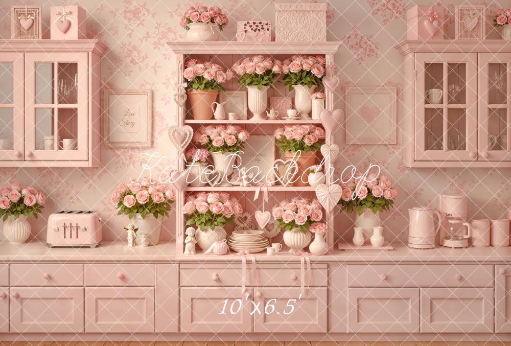 Kate Valentines Pink Kitchen Cabinet Roses Vases Heart Printed Backdrop Designed by Emetselch