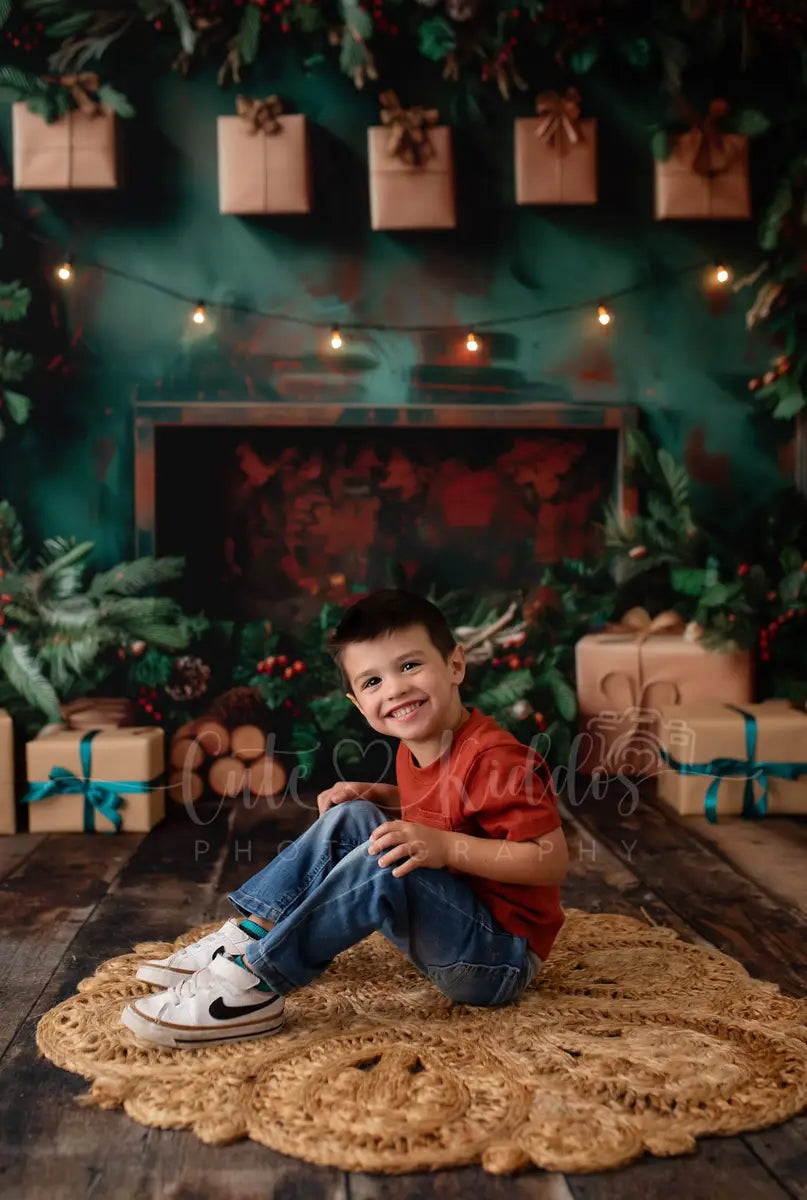 Kate Christmas Green Wall Brown Gifts Fireplace Backdrop Designed by Patty Robert
