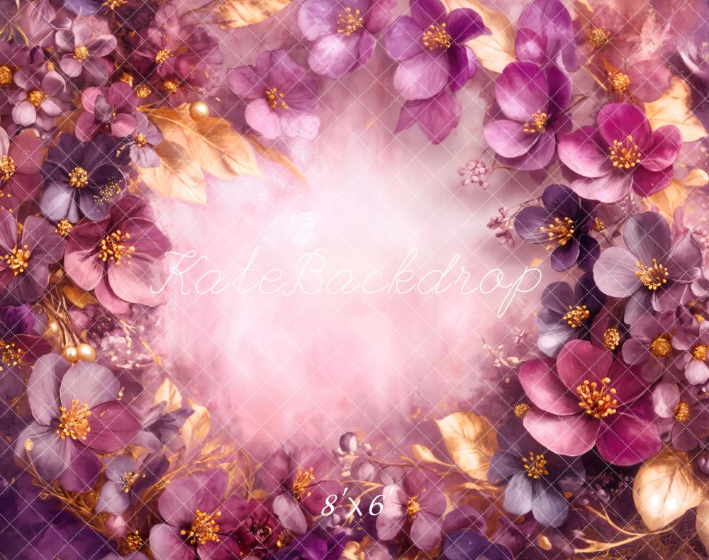 Kate Fine Art Purple Floral Gold Leaves Backdrop Designed by Emetselch