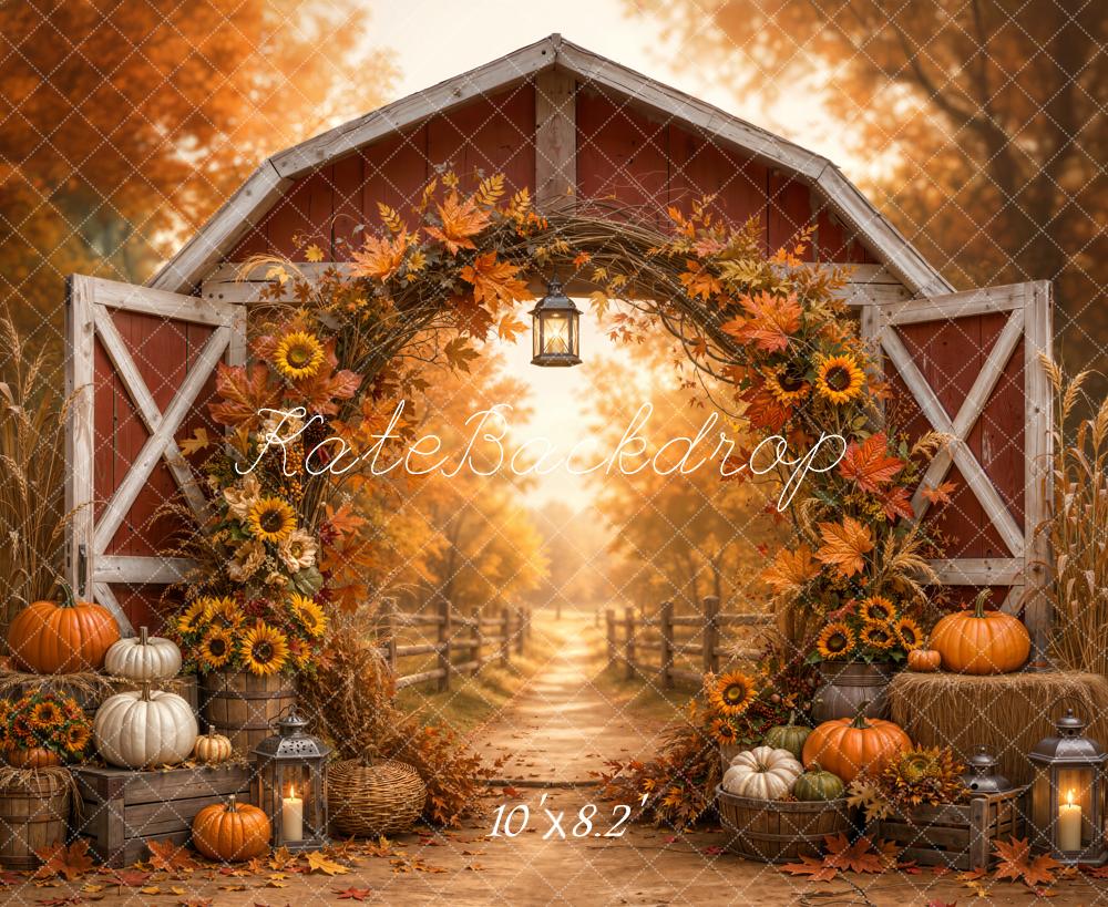 Kate Fall Barn Circle Floral Arch Pumpkin Pathway Printed Backdrop Designed by Emetselch
