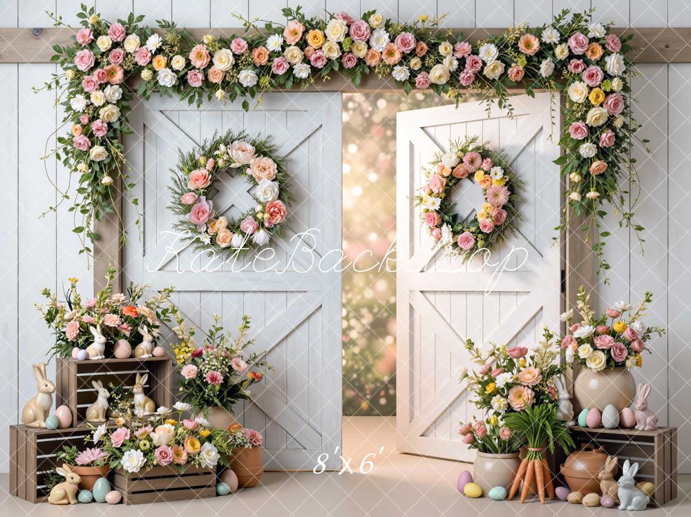 Kate Easter Bunny Barn Door Pastel Flowers Backdrop Designed by Mini MakeBelieve