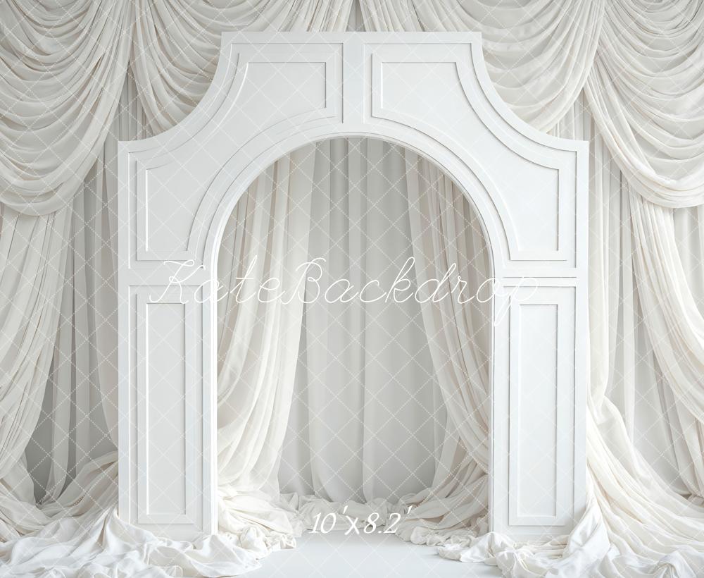 Kate White Arch Decorative Panel Draped Curtains Printed Backdrop Designed by Mini MakeBelieve