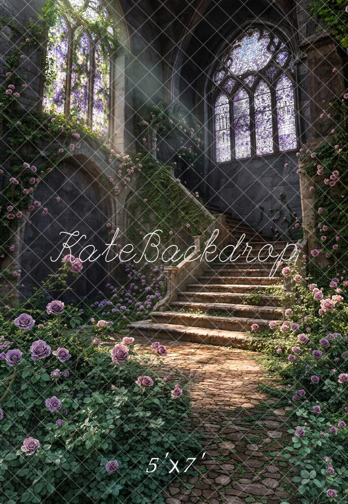 Kate Spring Cascading Stairs Stained Glass Rose Garden Printed Backdrop Designed by Chain Photography