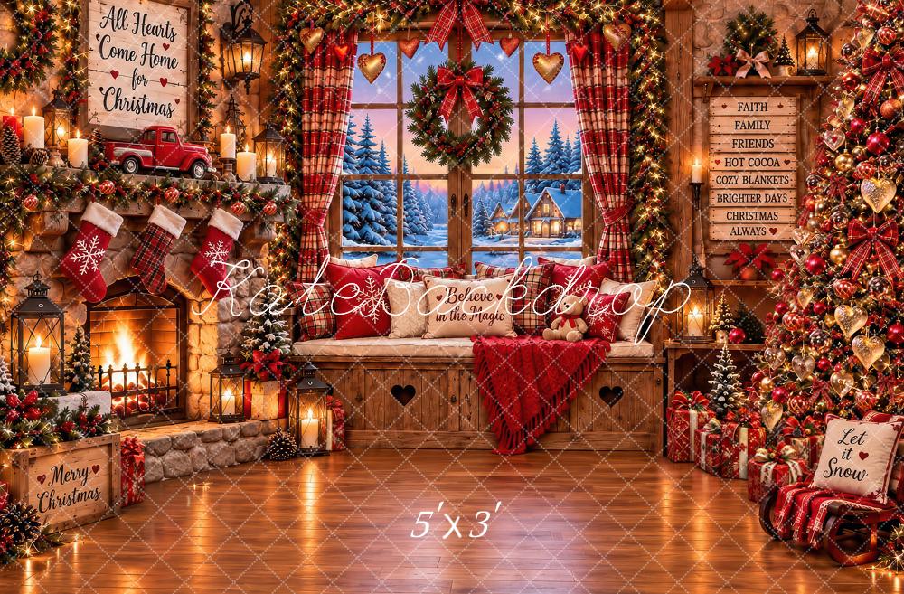 Kate Christmas Rustic Cabin Fireplace Window Wreath Trees Printed Backdrop Designed by Laura Bybee
