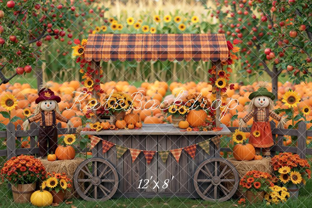 Kate Fall Pumpkin Stand Sunflower Scarecrow Field Printed Backdrop Designed by Mini MakeBelieve