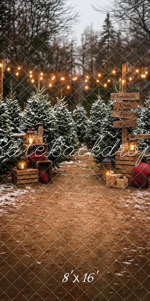 Kate Sweep Christmas Tree Farm Snowy String Lights Printed Backdrop Designed by Happy Squirrel Design