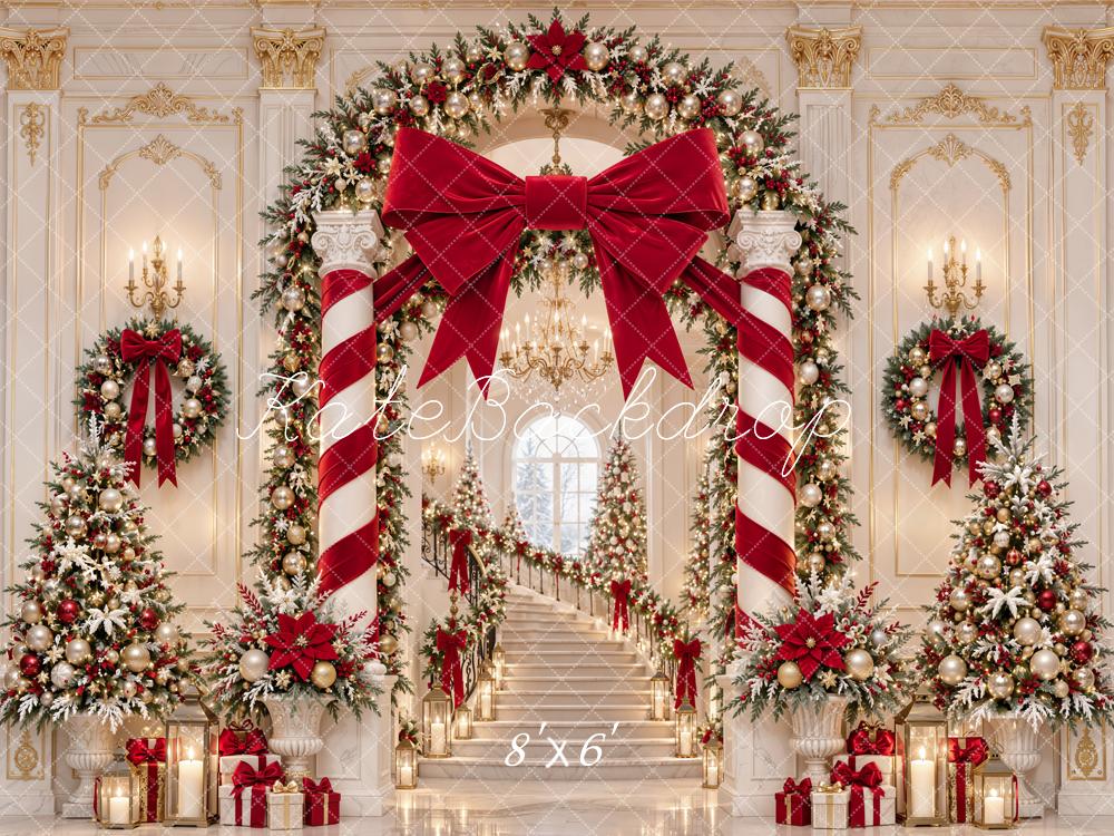 Kate Christmas Red Bow Candy Cane Arch Staircase Printed Backdrop Designed by Emetselch