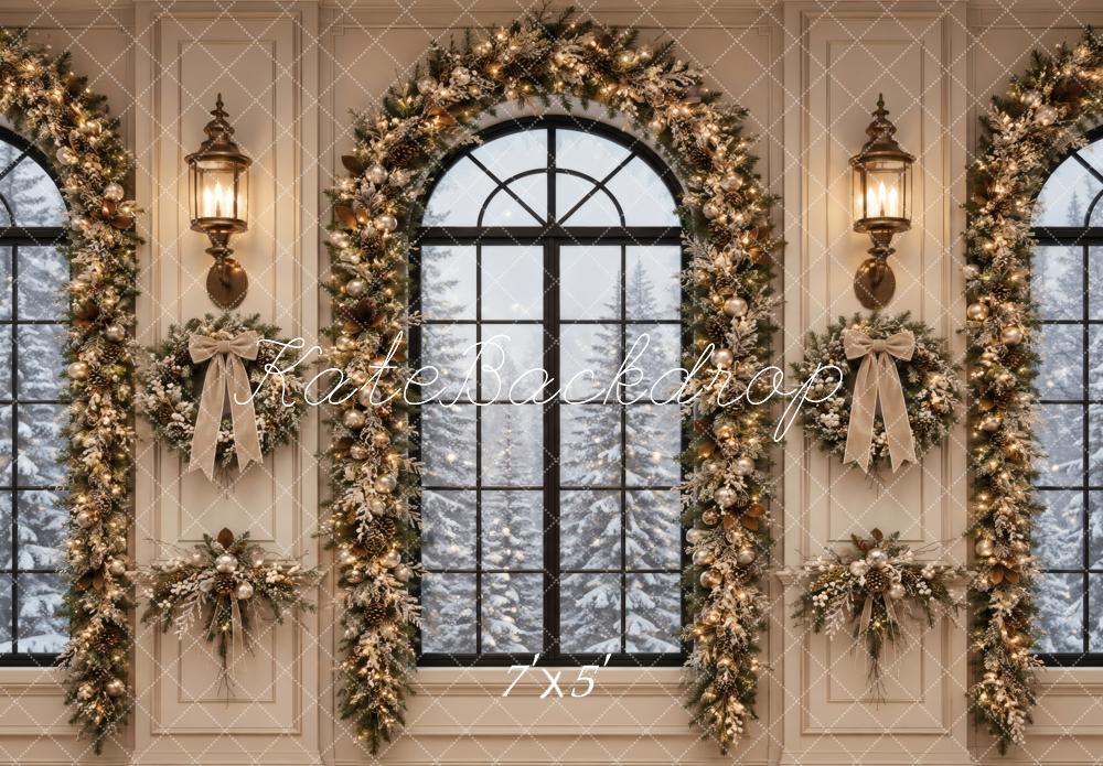 Kate Christmas Elegant Garland Arched Windows Printed Backdrop Designed by Vertigo Productions