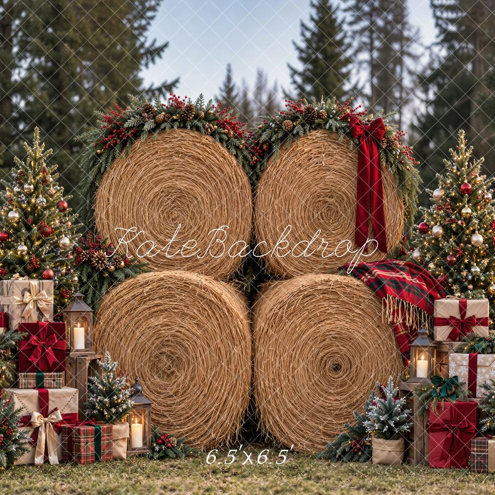 Kate Christmas Hay Bale Christmas Trees Red Bow Woodland Printed Backdrop Designed by Emetselch