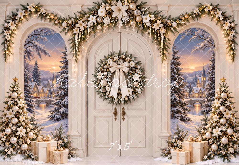 Kate Christmas Arch Door Snowy Village Wreath Trees Printed Backdrop Designed by Emetselch