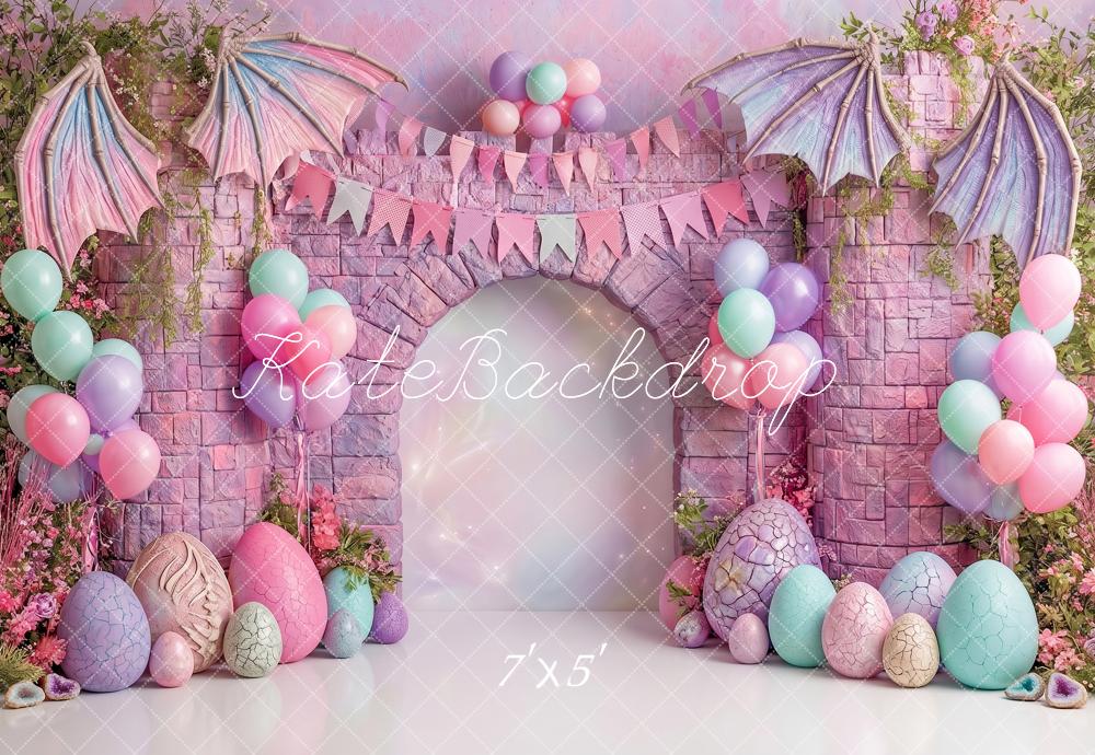 Kate Fantasy Dragon Egg Castle Pink Balloons Printed Backdrop Designed by Angela Miller