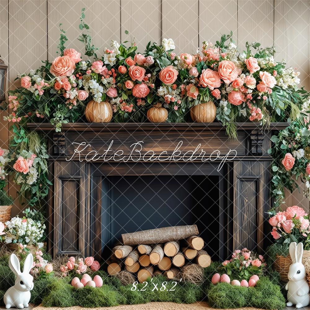 Kate Easter Bunny Floral Fireplace Wood Backdrop Designed by Patty Roberts