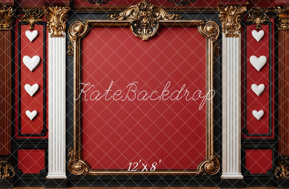 Kate Retro Red Baroque Hearts Columns Gold Frame Wall Backdrop Designed by Emetselch