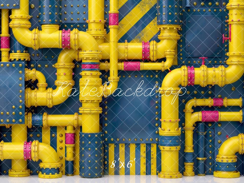 Kate Cartoon Movie Industrial Yellow Pipes Blue Riveted Wall Printed Backdrop Designed by Angela Miller