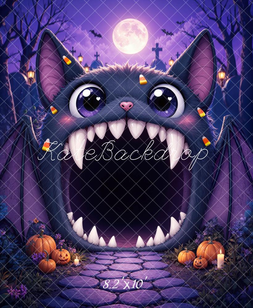 Kate Halloween Trunk or Treat Purple Bat Monster Pumpkins Cobblestone Printed Backdrop Designed by Mini MakeBelieve