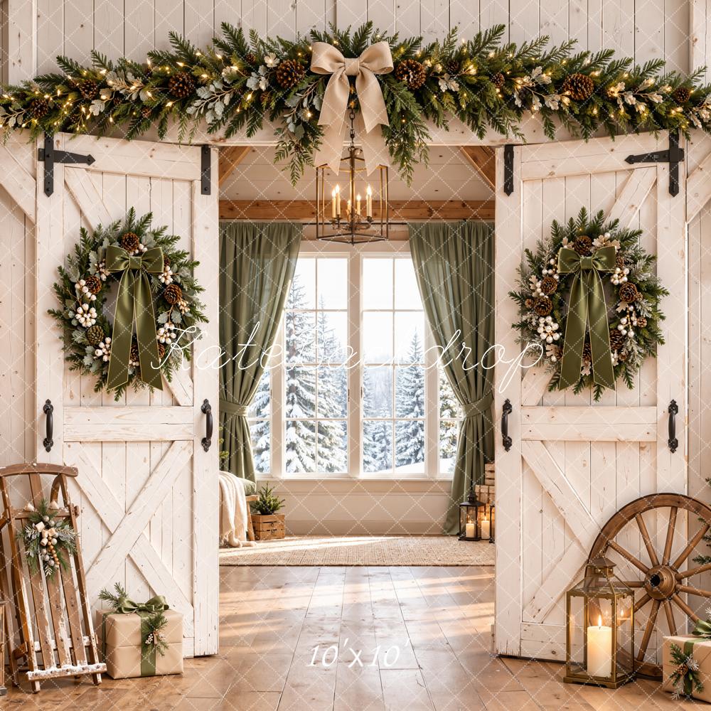 Kate Christmas Farmhouse White Barn Doors Wreaths Trees Printed Backdrop Designed by Emetselch