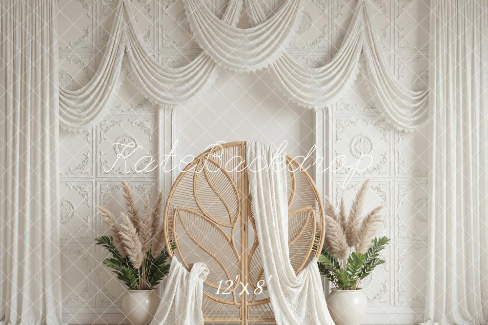 Kate Mother's Day Boho White Drapes Rattan Chair Pampas Grass Backdrop Designed by Mini MakeBelieve