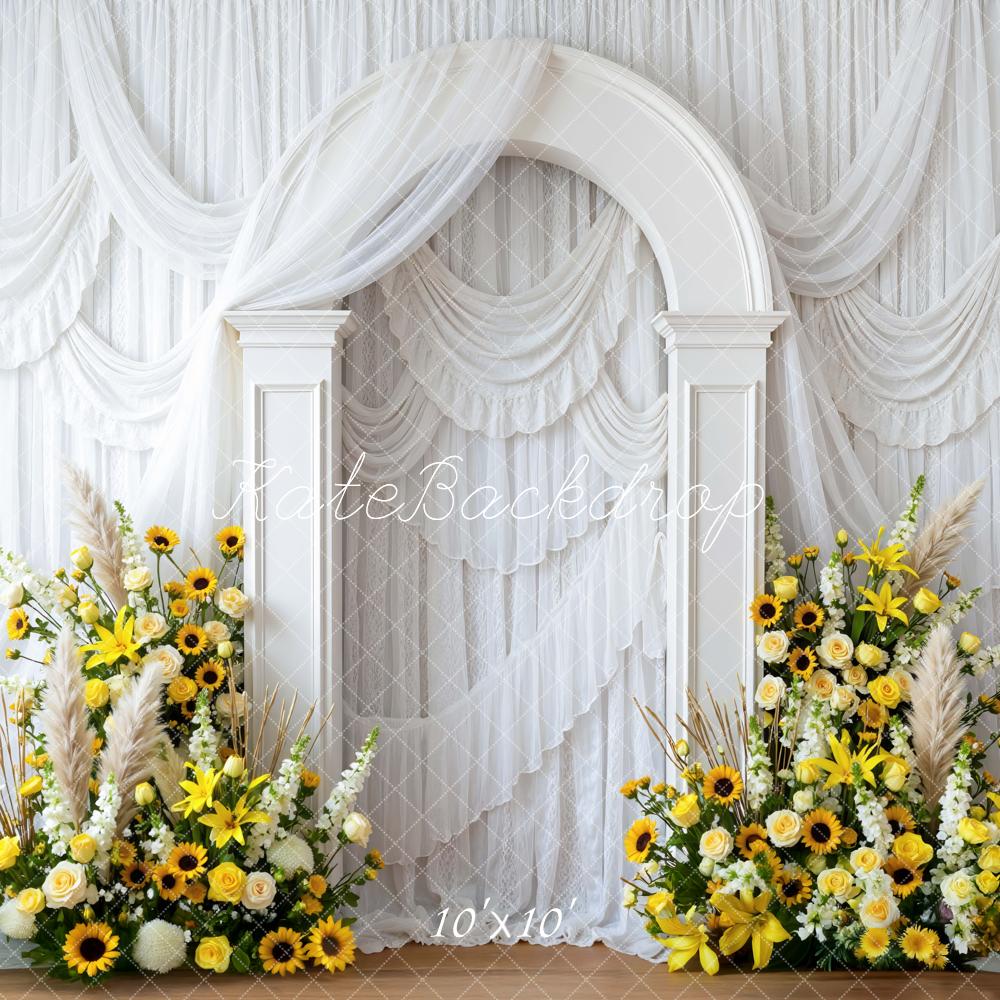 Kate Spring White Arch Yellow Sunflower Flower Arrangement Backdrop Designed by Mini MakeBelieve