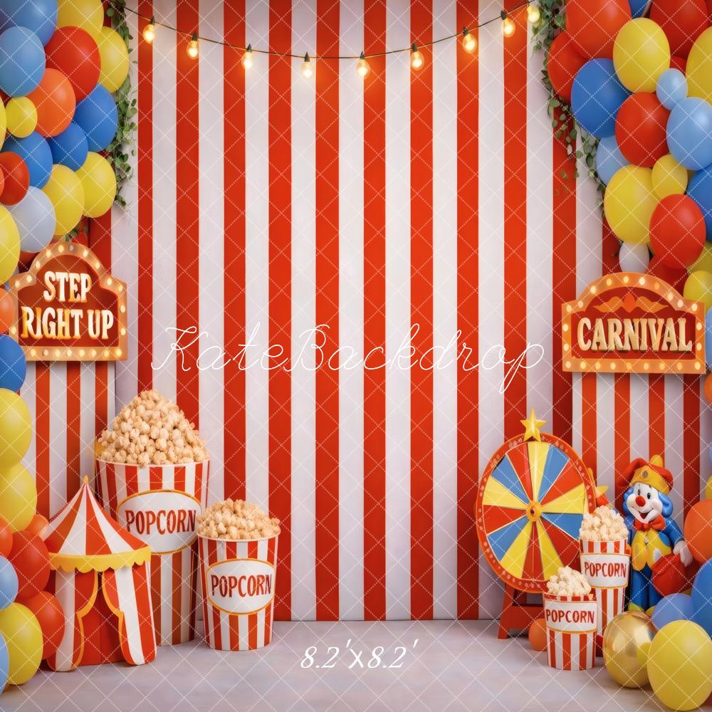 Kate Carnival Red White Stripes Balloons Popcorn Clown Printed Backdrop Designed by Vertigo Productions
