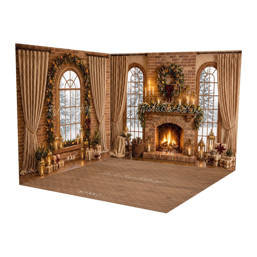 Kate Christmas Fireplace Garland Wreath Brick Wall Brown Printed Backdrop Room Set