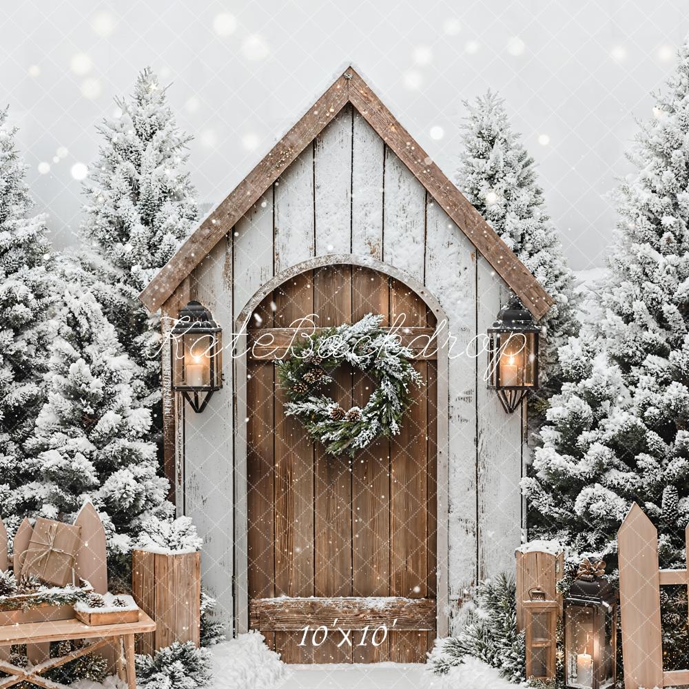 Kerst Winter Cabin Sneeuwige Hek Foto Achtergrond Designed by Emetselch