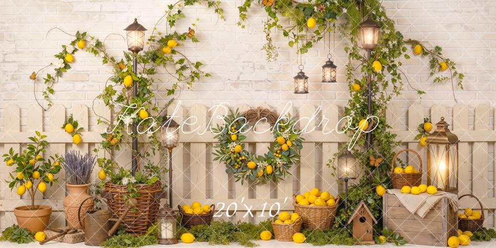 Kate Summer Lemon Vine Lantern Basket Rustic Fence Printed Backdrop Designed by Emetselch