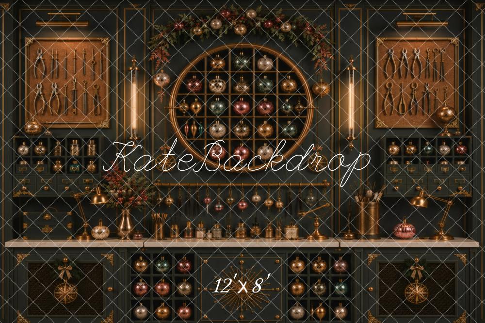 Kate Christmas Dark Cabinet Ornaments Workshop Printed Backdrop Designed by Vertigo Productions