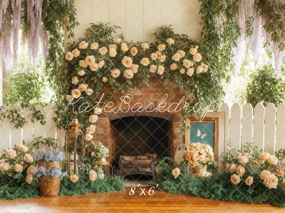 Kate Spring Flower Arch Brick Fireplace Garden Backdrop Designed by Emetselch