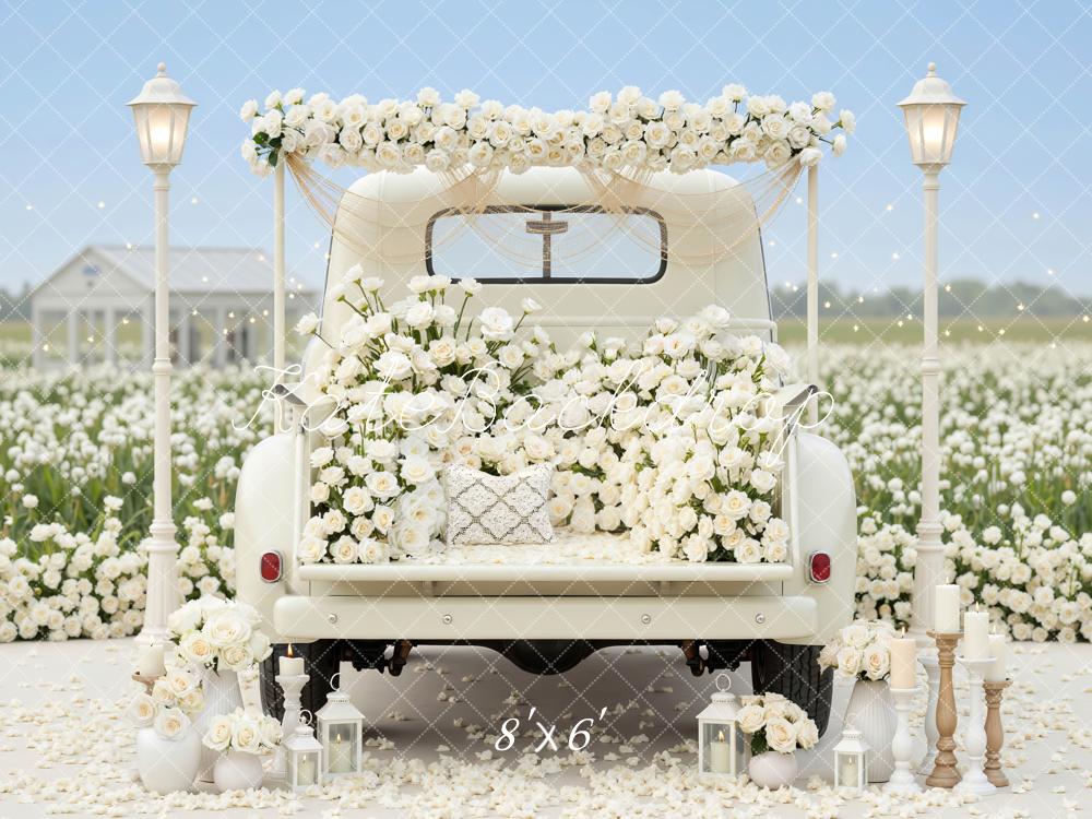 Kate Spring Wedding White Truck Flower Arch Lanterns Flowers Backdrop Designed by Mini MakeBelieve
