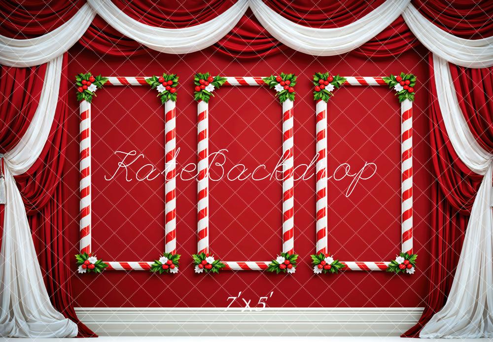 Kate Christmas Red Candy Cane Frame Curtain Printed Backdrop Designed by Mini MakeBelieve