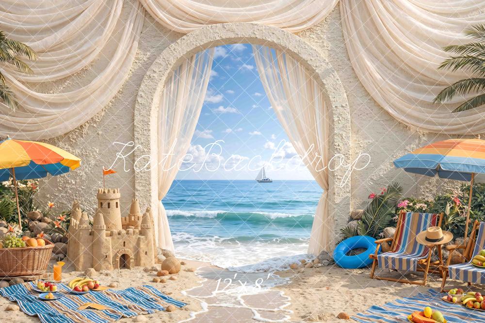 Kate Summer Beach Archway Sandcastle Umbrellas Printed Backdrop Designed by Mini MakeBelieve