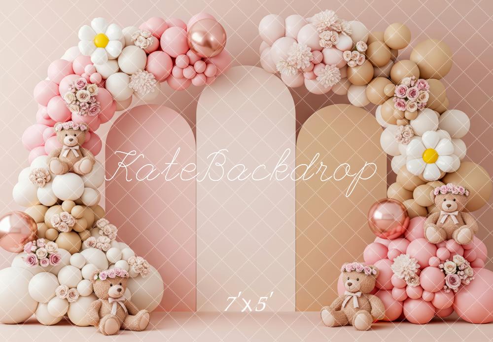 Kate Cake Smash Flower Arch Balloons Teddy Bears Backdrop Designed by Patty Roberts