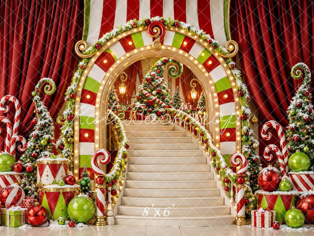 Kate Christmas Candy Cane Staircase Illuminated Arch Printed Backdrop Designed by Emetselch