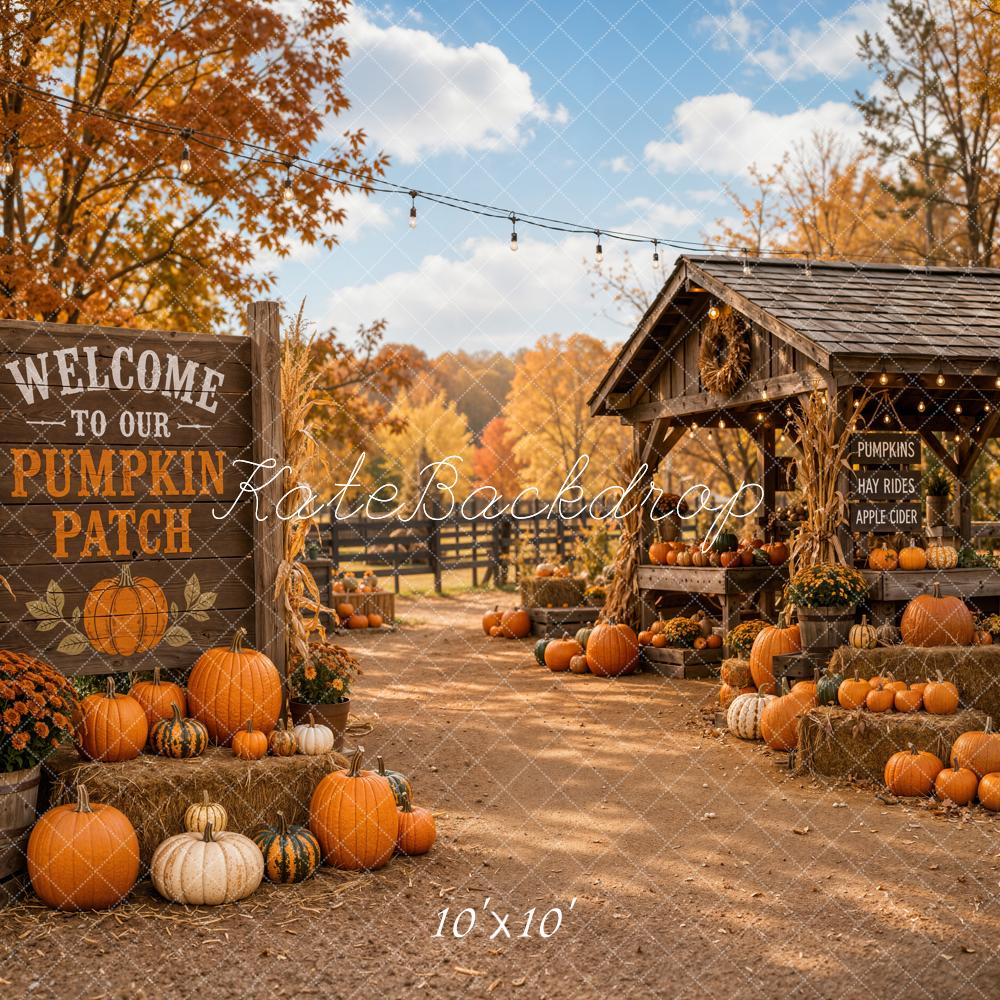 Kate Fall Orange Pumpkin Patch Farm Stand Printed Backdrop Designed by Emetselch