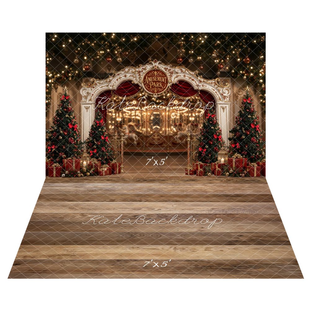 Kate Christmas Amusement Park Archway Christmas Trees Printed Backdrop+Brown Wood Plank Floor Printed Backdrop