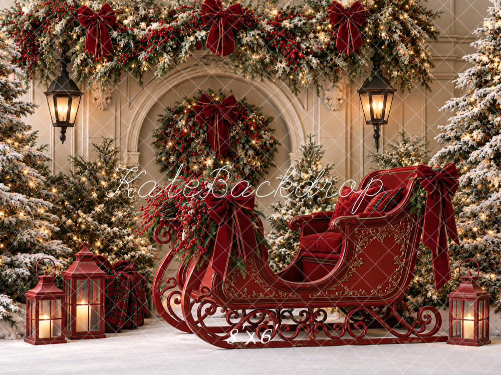 Kate Christmas Red Sleigh Snowy Trees Garland Arch Printed Backdrop Designed by Angela Miller