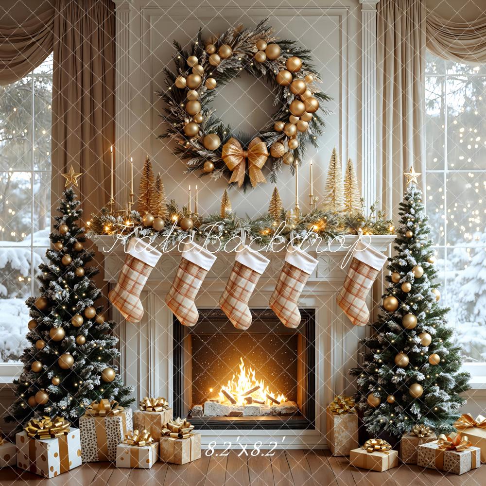 Kate Christmas Fireplace Wreath Gold Trees Stockings Snowy Window Backdrop Designed by Mini MakeBelieve