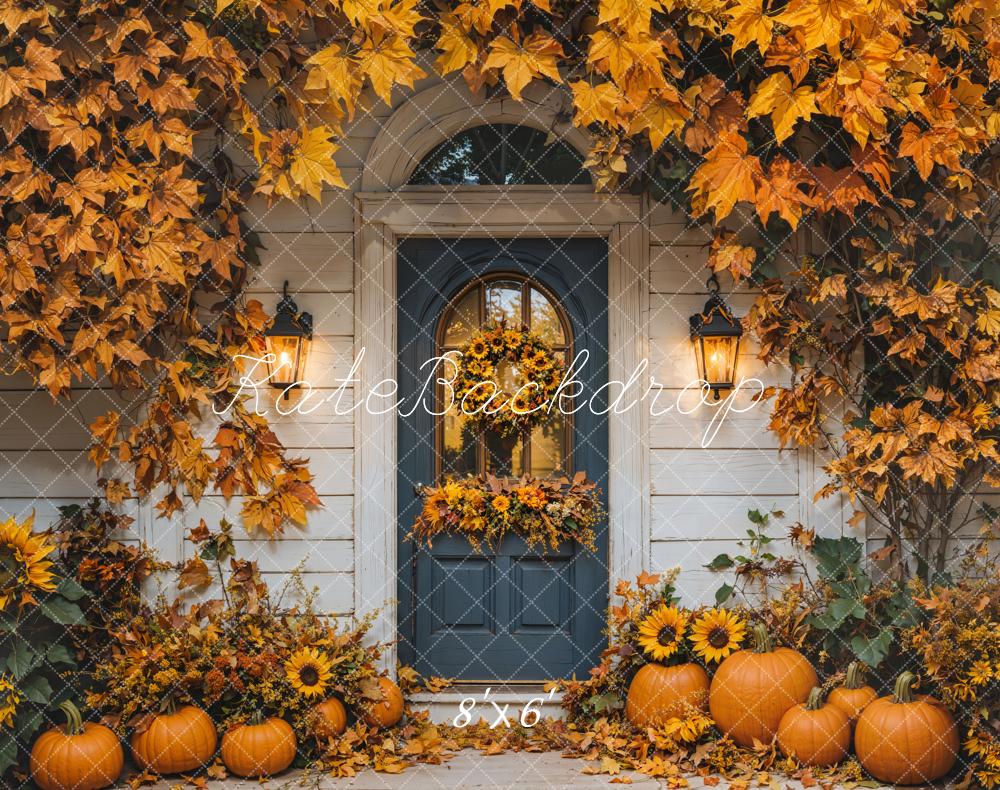 Fondo de Puerta de Calabaza de Otoño con Hojas de Arce Diseñado por Emetselch
