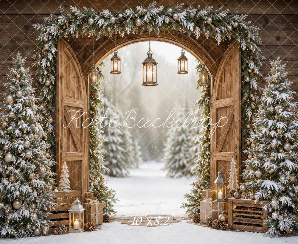 Kate Christmas Rustic Barn Door Snowy Pine Trees Printed Backdrop Designed by Emetselch