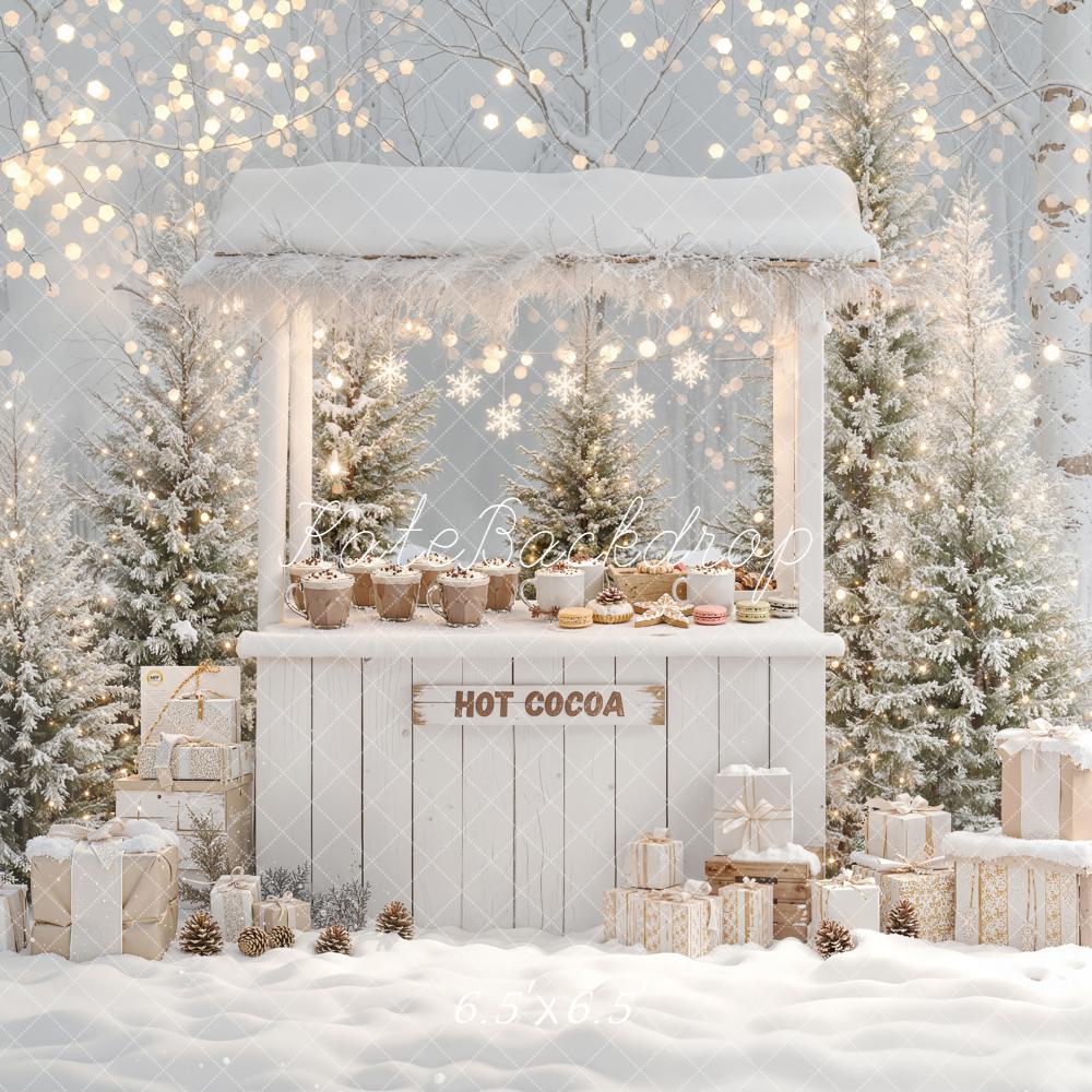 Kate Christmas Winter Hot Cocoa Stand Snowy Trees Gifts Backdrop Designed by Emetselch