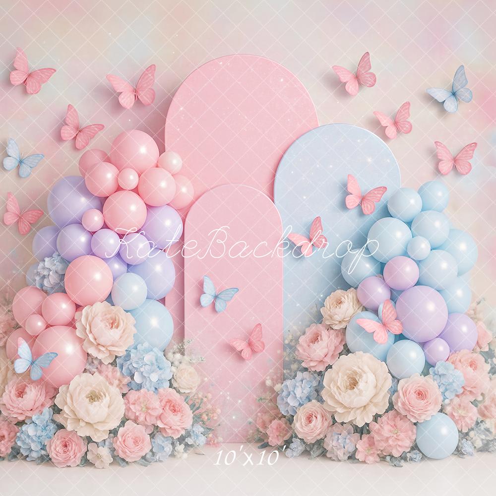 Kate Cake Smash Pastel Balloon Floral Butterfly Backdrop Designed by Ashley Paul