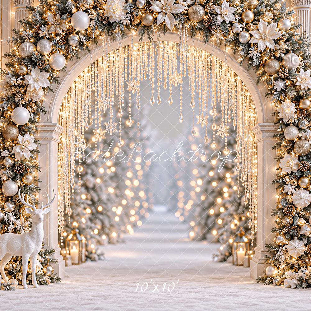 Kate Christmas White Gold Floral Archway Deer Snow Printed Backdrop Designed by Angela Miller