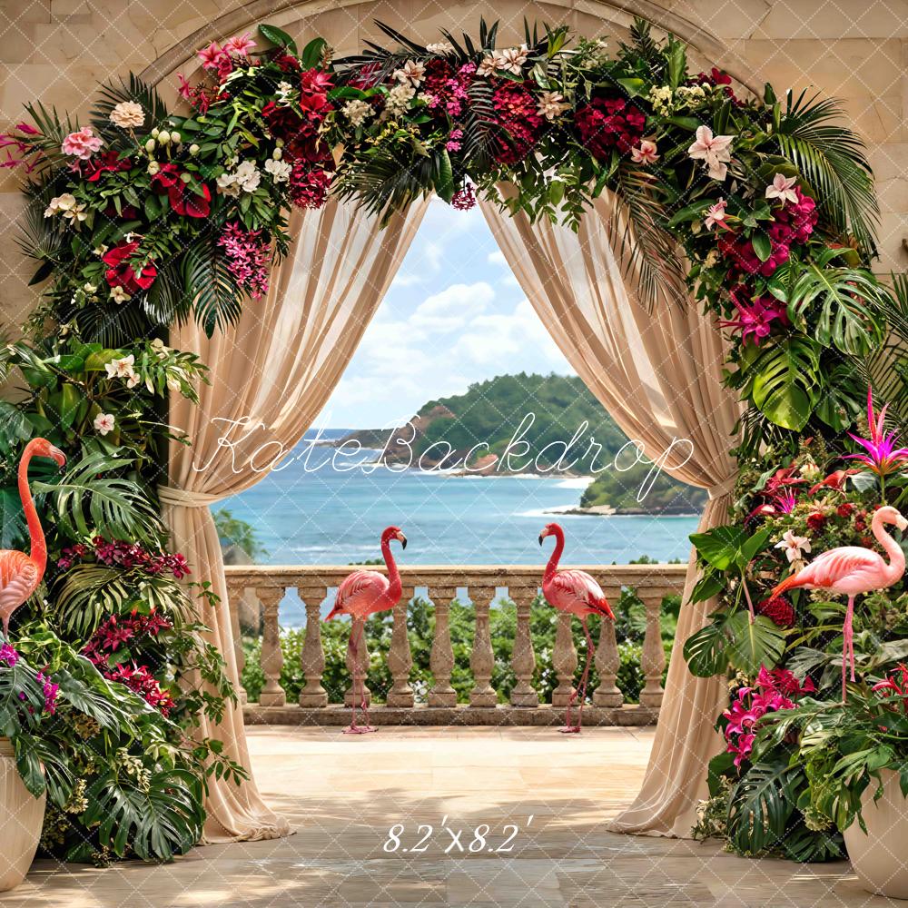 Kate Tropical Flower Arch Flamingos Ocean View Printed Backdrop Designed by Mini MakeBelieve